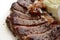 Closeup Australia Beef Black Pepper Steak Sliced in white plate background. Foods concept