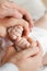 Closeup of baby hand into parents hands. Family concept