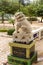 Closeup of back Single Stone lion statue in Repulse Bay Temple,