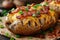 Closeup baked potato in jacket topped with bacon, green onions and cheddar cheese on baking paper