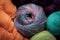 Closeup of balls and skeins of yarns, richly colored, knitting and crochet handicraft background