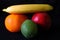 Closeup of Banana,Feijoa,Apple,Persimmon fruits