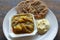 Closeup of Banarasi Aloo sabzi and Kachori with Dahi Mattha Kalyan