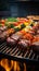 Closeup BBQ shot featuring grilled meat, vegetables on the barbecue