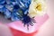 Closeup of beautiful bouquet with eustoma, hydrangea and Eryngium alpinum