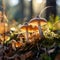 Closeup of beautiful chanterelle mushrooms in the forest. Beautiful small orange mushrooms growing in a forest. Cute little