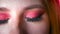 Closeup of beautiful female blue eyes makeup with pink shades and gold eyeline on the background of night lights