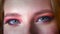 Closeup of beautiful female blue eyes makeup with pink shades and gold eyeline. Eyes looking straight eyebrow going up