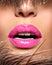 Closeup Beautiful female lips with pink lipstick