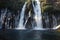 Closeup of beautiful McArthur-Burney Falls flowing fast and full off the cliffs into a lake in Lassen Volcanic National Park`s p