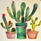 Closeup of beautiful potted cacti against a beige background