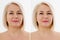 Closeup before after Beauty middle age woman face portrait. Before-after Spa anti wrinkled aging female body parts concept. Mid-