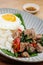 Closeup beef kaprow rice with fried egg