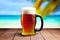 Closeup Beer Mug With Tropical Summer Blur Beach Background, Generative AI