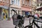 Closeup of Bicycle and European ancient old town street on the background