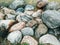 Closeup of big huge large grey pink blue stones rocks pebbles lying on ground.