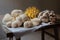 Closeup of Big raw mushrooms on a cloth displayed on a wooden table