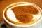 Closeup of a big white cup of hot coffee cappuccino with art design heart on it standing on a wooden background,love concept