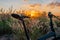 Closeup Bike in countryside sunset background