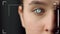 Closeup biometrical vision scanning system inspecting woman eye identifying