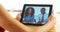 Closeup of black businesspeople talking on tablet