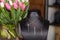 Closeup of a black bust mannequin  with three necklaces displayed beside a vase with tulips