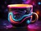 Closeup of black filter cosmic coffee mug in neon background rich concept. International Coffee Day 1 October