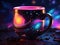 Closeup of black filter cosmic coffee mug in neon background rich concept. International Coffee Day 1 October