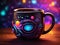 Closeup of black filter cosmic coffee mug in neon background rich concept. International Coffee Day 1 October