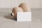 Closeup of blank business card and modern organic shaped ceramic vase on beige linen tablecloth. Empty paper card mockup