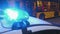 Closeup blinking strobe lights on police car, blue lightbar, emergency situation