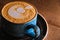 Closeup of blue cappuccino cup