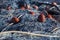 Closeup of blue fishing net and floats. Marine background
