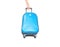 Closeup blue luggage with blurred woman hand dragging a luggage isolated on white background , fabric luggage with plastic roller