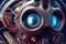 Closeup of blue robot eyes with metallic structure background. Technology and Innovation concept. Generative AI