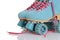 Closeup blue suede roller skates