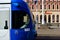 Closeup of blue tram in the popular Jelacic square in downtown Zagreb