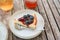 Closeup Blueberry Cheese Pie, Homemade Cheese Cake with fresh strawberries and Berries. Dessert, Bakery and Pastry concept