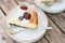 Closeup Blueberry Cheese Pie, Homemade Cheese Cake with fresh strawberries and Berries. Dessert, Bakery and Pastry concept