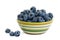 Closeup blueberry in striped ceramic cup on white background