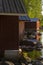 Closeup boathouses on the lake at sunset