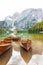 Closeup on boats on lake braies in south tyrol