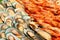 Closeup boiled shrimp and mussel background