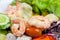 Closeup boiled shrimp and vegetables