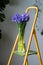 Closeup of bouquet of purple irises in glass vase, standing on stepladder in flower store