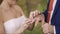 Closeup of bride and groom exchanging wedding rings over green nature background