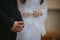 Closeup of a bride and groom standing next to each other in church