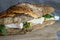 Closeup on a Brie sanwdich in a French baguette, made of Brie de Meaux Cheese with some slices of rucola salad and chicken