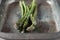 Closeup of a Bunch of Asparagus in a Baking Tray