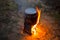 Closeup burning wood camping stove with cauldron